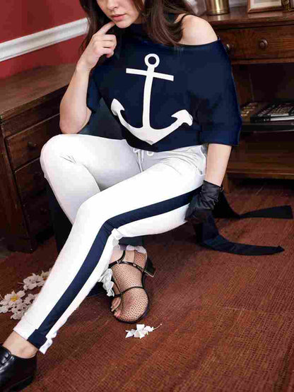 anchor print v neck long sleeve t shirt trousers two piece suit 109808