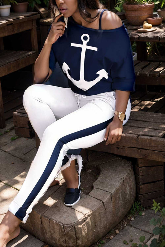 anchor print v neck long sleeve t shirt trousers two piece suit 112898