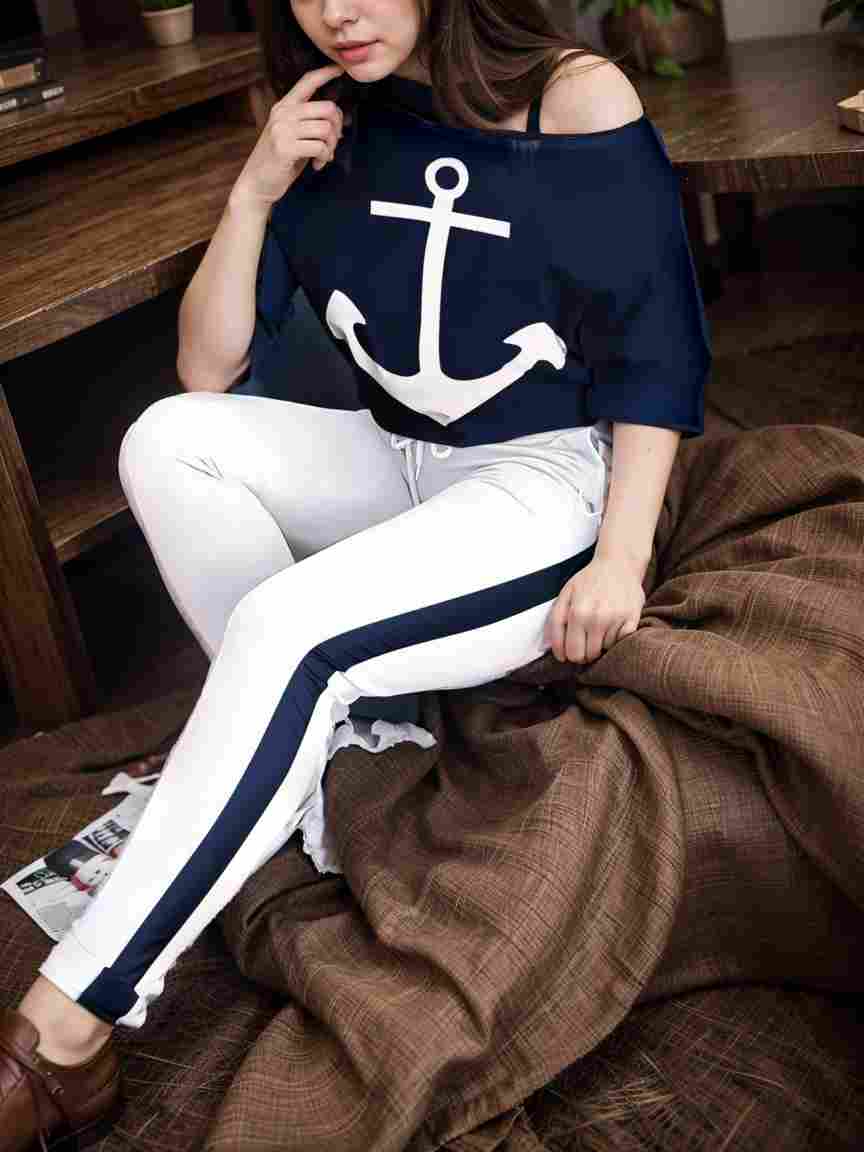 anchor print v neck long sleeve t shirt trousers two piece suit 138037