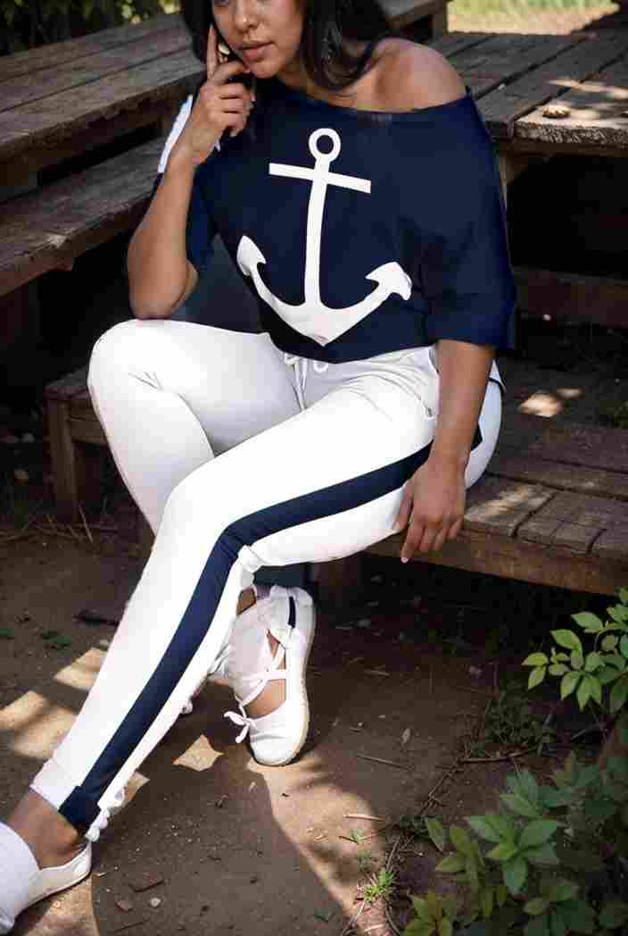 anchor print v neck long sleeve t shirt trousers two piece suit 111162