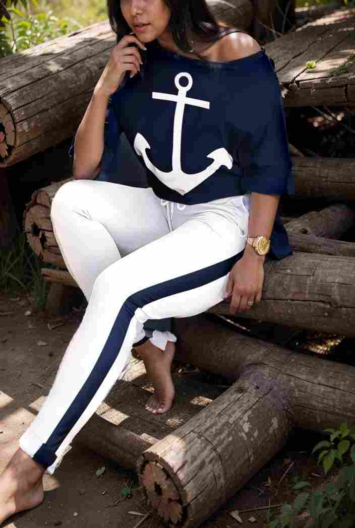 anchor print v neck long sleeve t shirt trousers two piece suit 108714