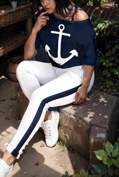 anchor print v neck long sleeve t shirt trousers two piece suit 140933