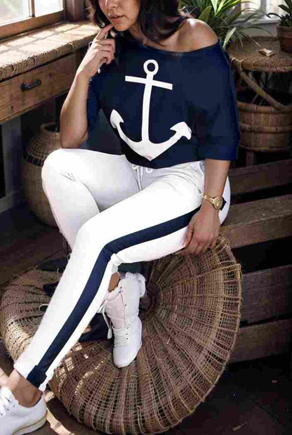 anchor print v neck long sleeve t shirt trousers two piece suit 141342