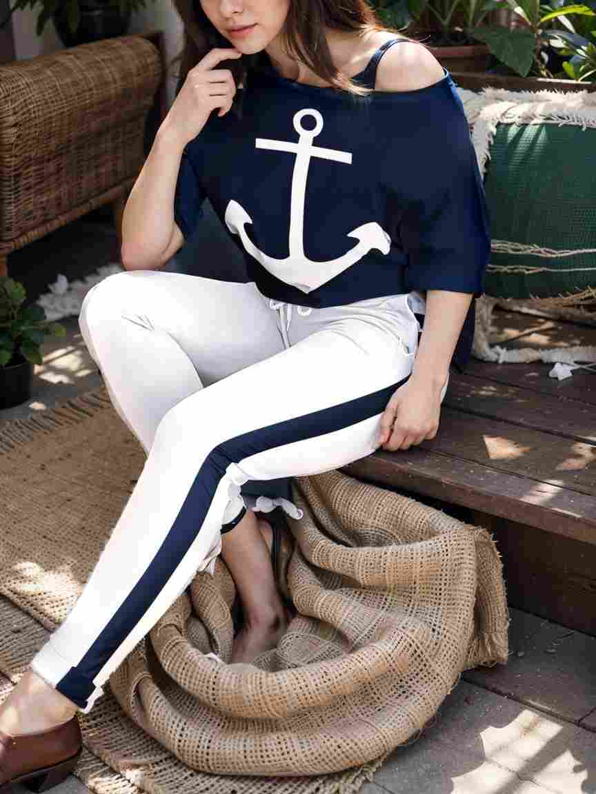 anchor print v neck long sleeve t shirt trousers two piece suit 136483