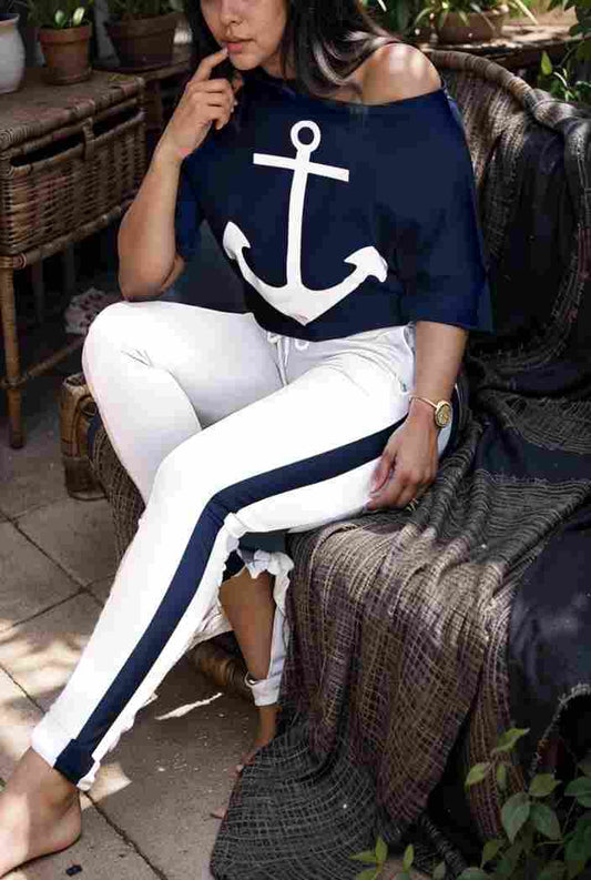 anchor print v neck long sleeve t shirt trousers two piece suit 131333