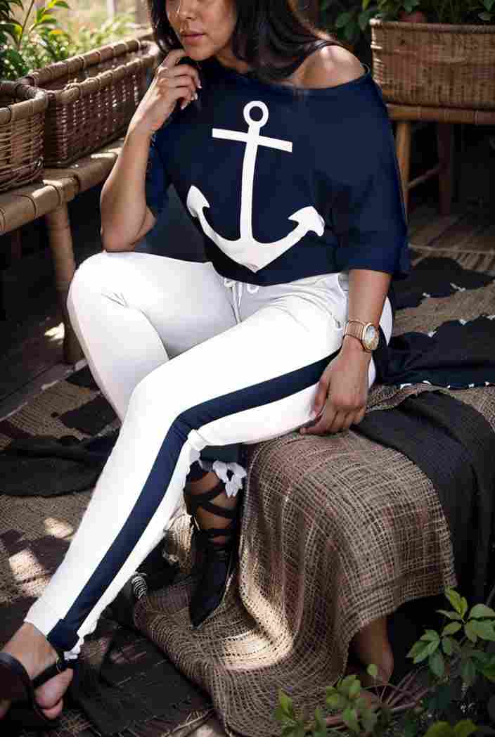 anchor print v neck long sleeve t shirt trousers two piece suit 136296