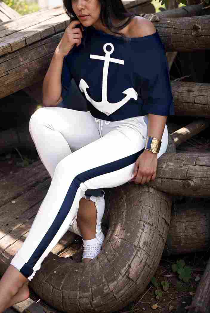 anchor print v neck long sleeve t shirt trousers two piece suit 133998