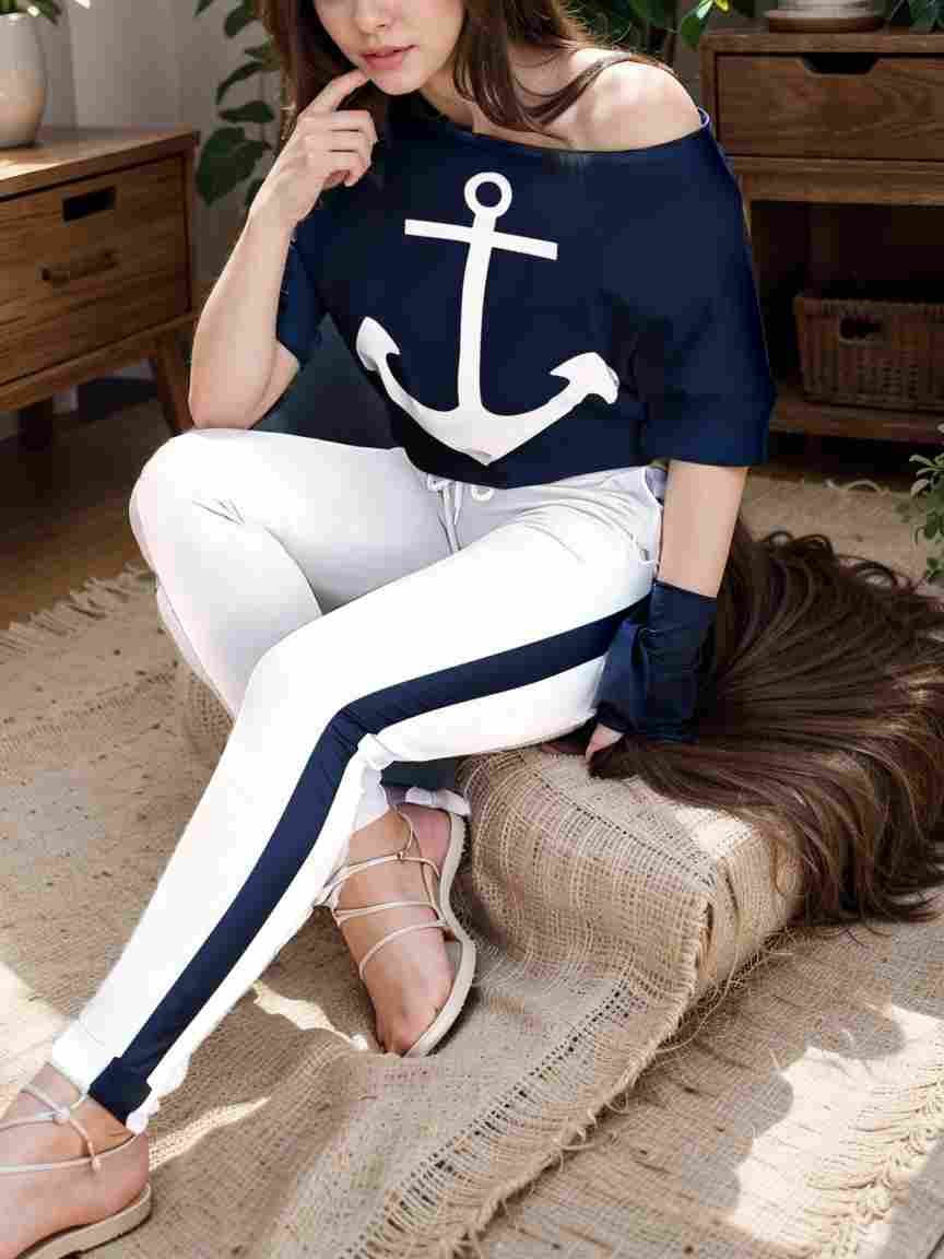 anchor print v neck long sleeve t shirt trousers two piece suit 115402