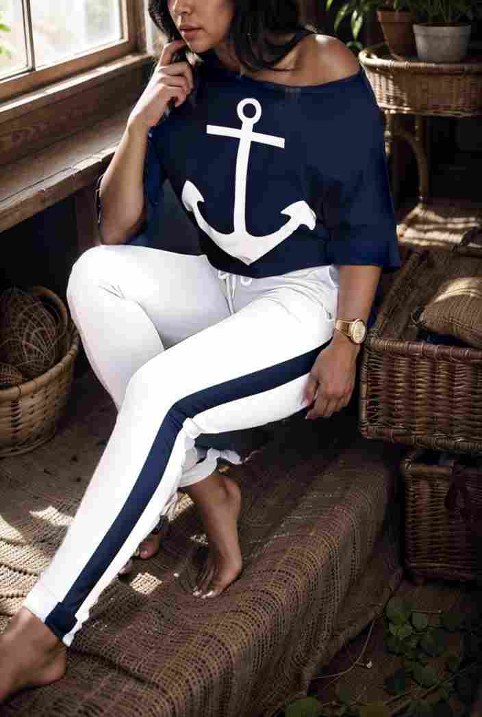 anchor print v neck long sleeve t shirt trousers two piece suit 142872