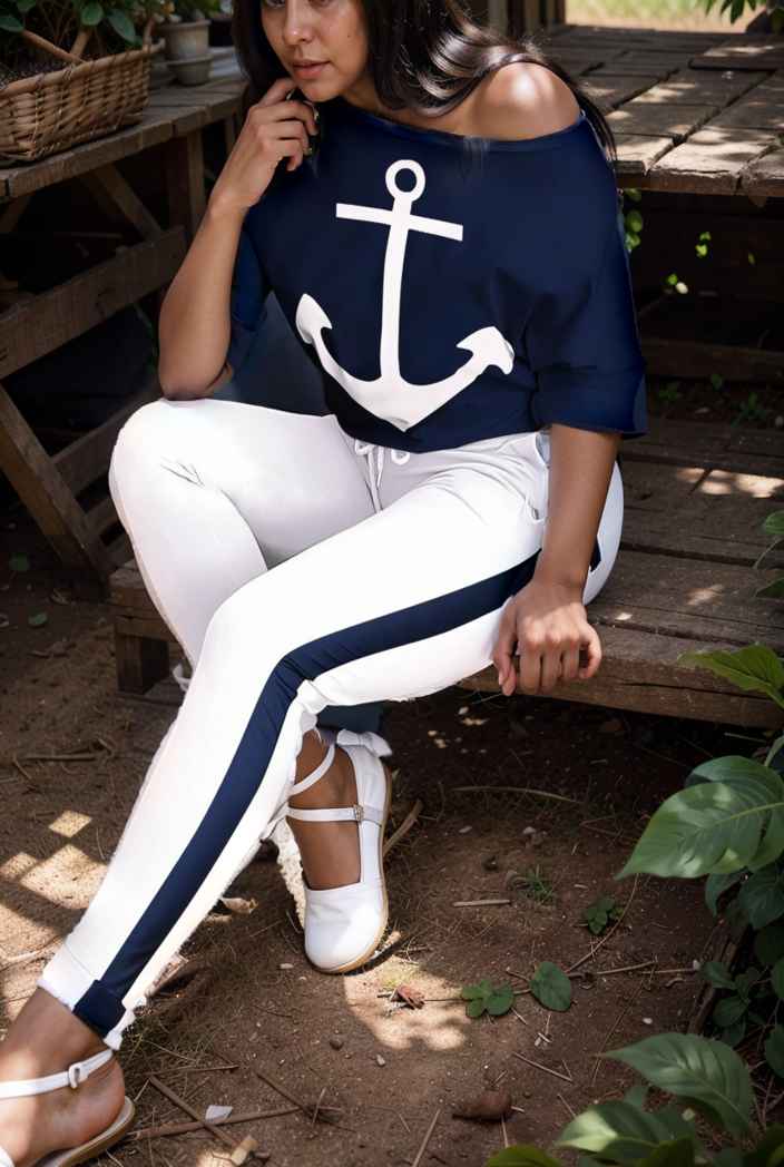 anchor print v neck long sleeve t shirt trousers two piece suit 132697