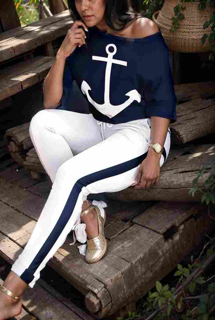 anchor print v neck long sleeve t shirt trousers two piece suit 149234