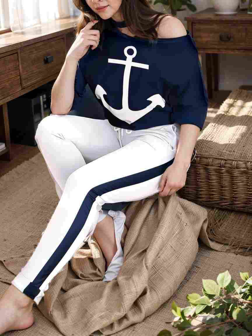 anchor print v neck long sleeve t shirt trousers two piece suit 117255