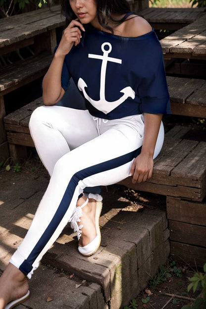 anchor print v neck long sleeve t shirt trousers two piece suit 149233