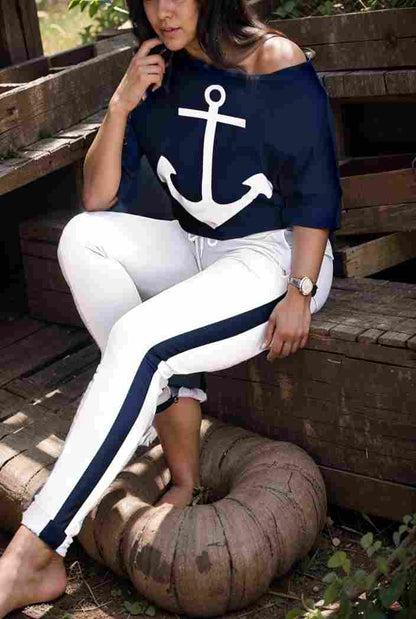 anchor print v neck long sleeve t shirt trousers two piece suit 138997