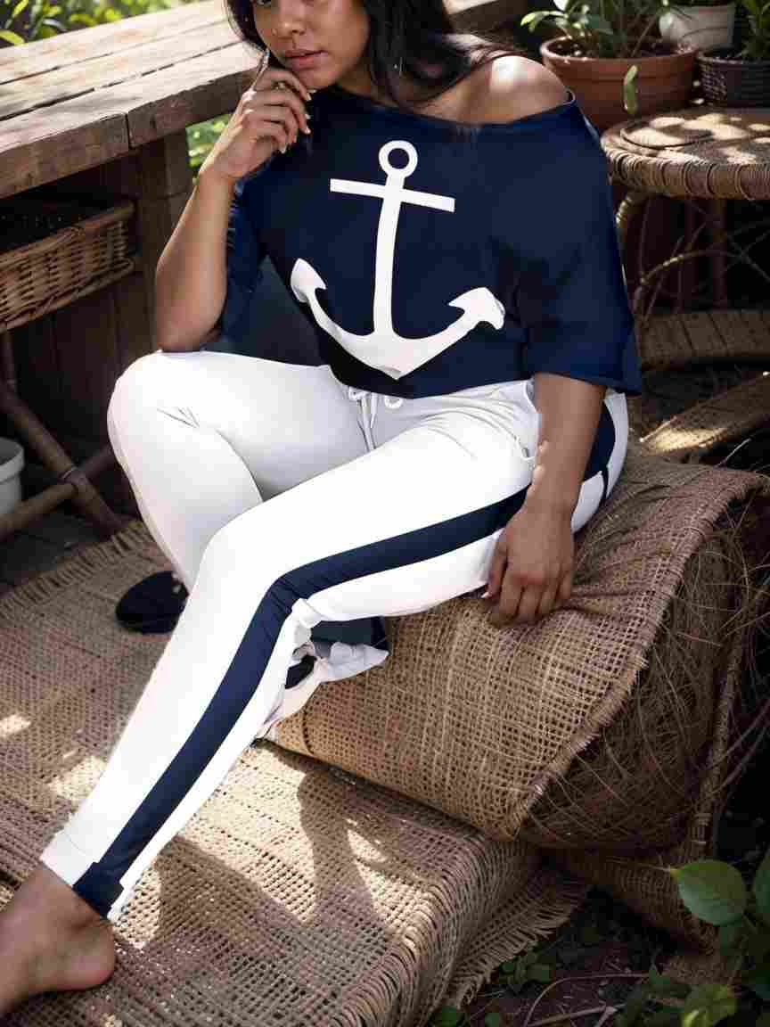 anchor print v neck long sleeve t shirt trousers two piece suit 138624