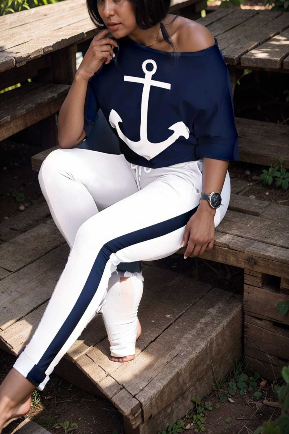 anchor print v neck long sleeve t shirt trousers two piece suit 109367