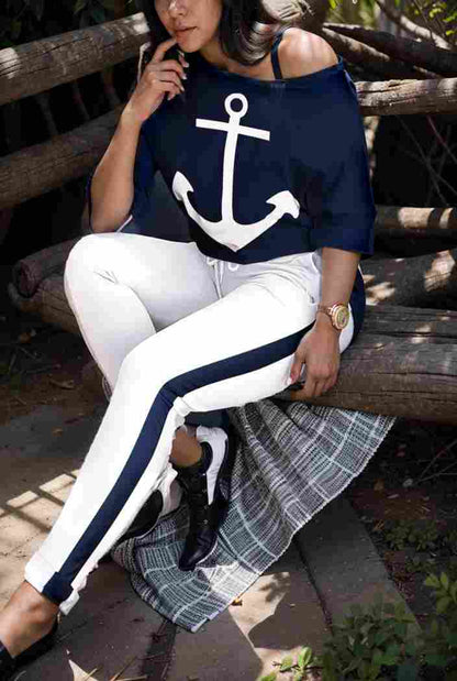 anchor print v neck long sleeve t shirt trousers two piece suit 146948