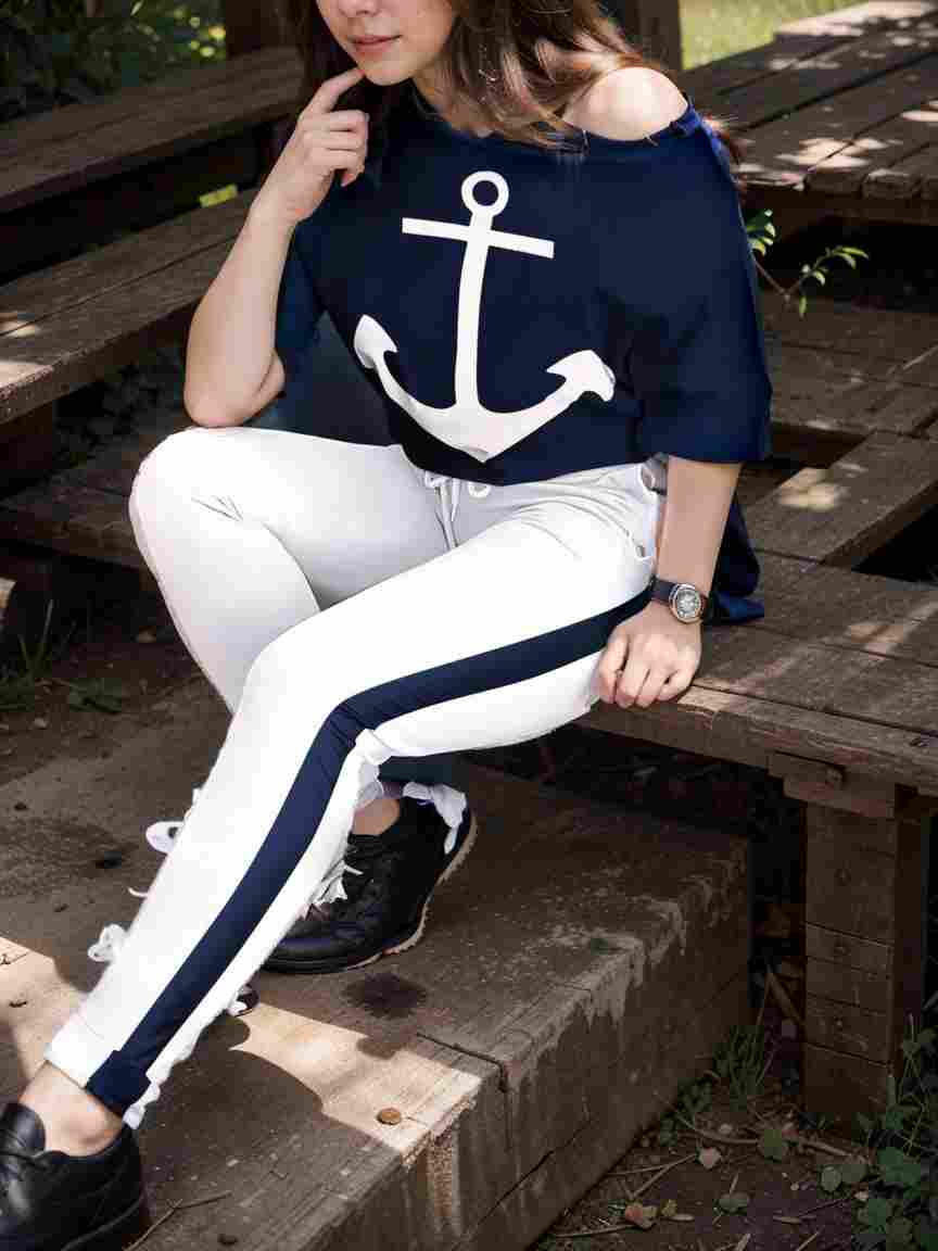 anchor print v neck long sleeve t shirt trousers two piece suit 131660