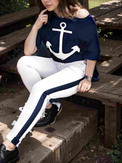 anchor print v neck long sleeve t shirt trousers two piece suit 131660