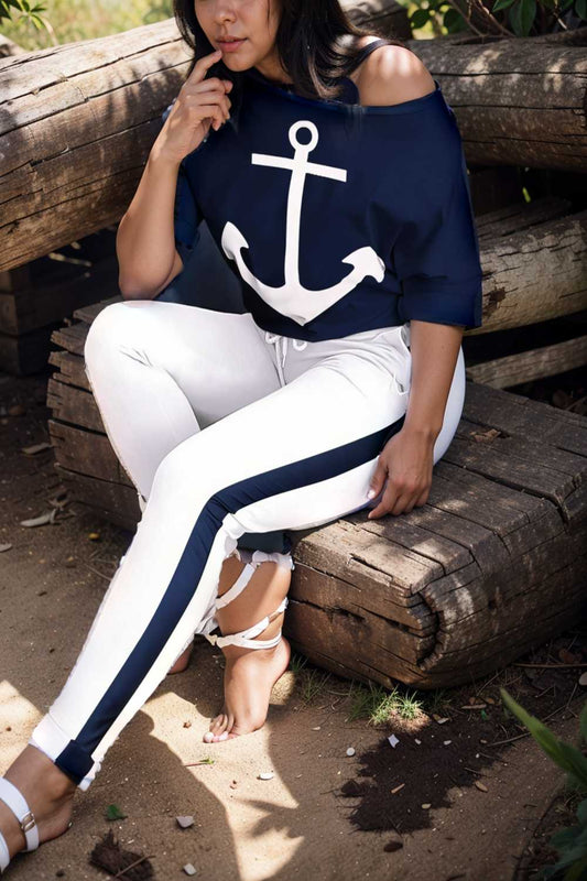 anchor print v neck long sleeve t shirt trousers two piece suit 107548