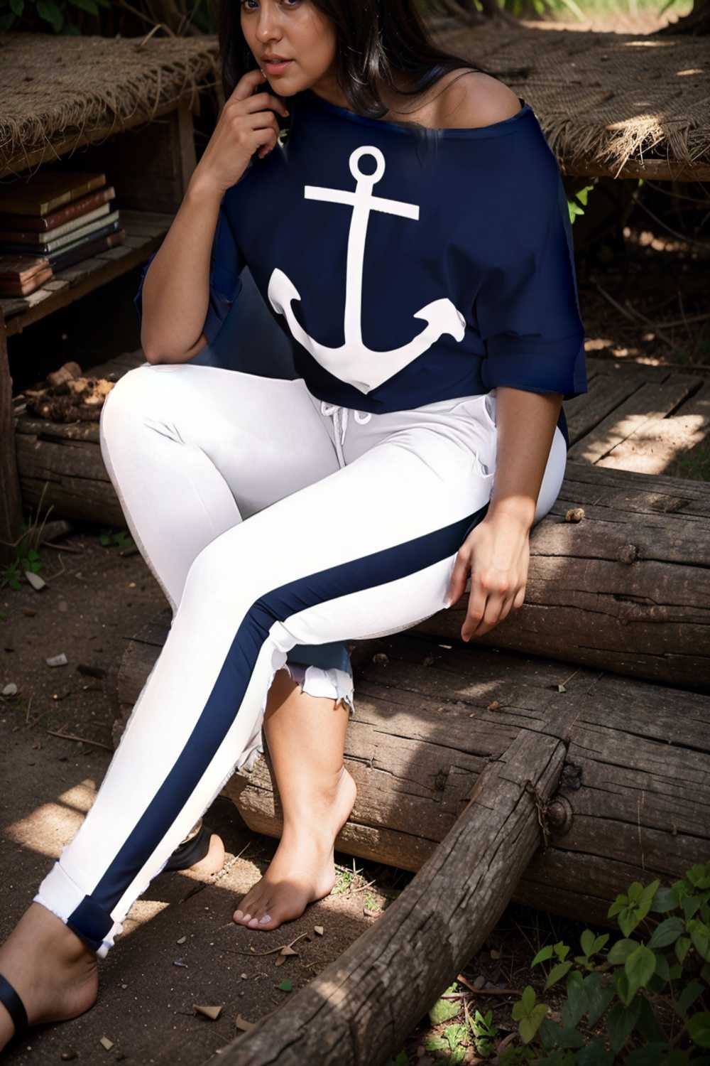 anchor print v neck long sleeve t shirt trousers two piece suit 147726