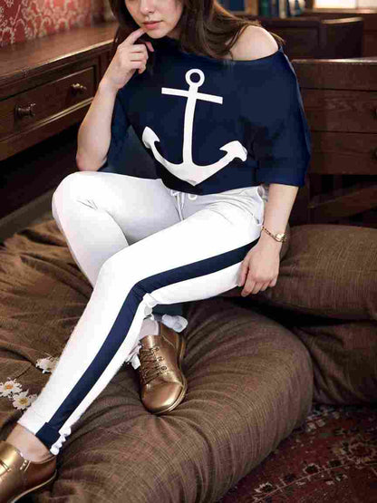 anchor print v neck long sleeve t shirt trousers two piece suit 138162