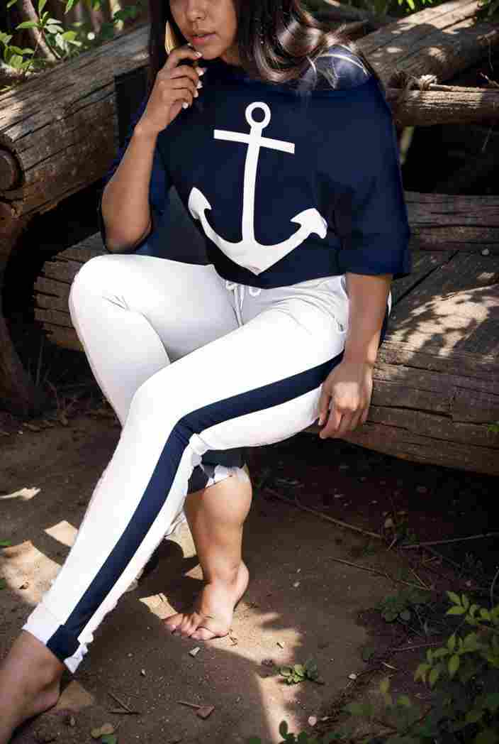 anchor print v neck long sleeve t shirt trousers two piece suit 145094