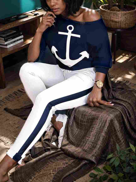 anchor print v neck long sleeve t shirt trousers two piece suit 138490