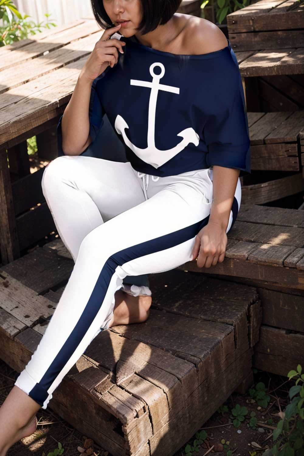 anchor print v neck long sleeve t shirt trousers two piece suit 147003