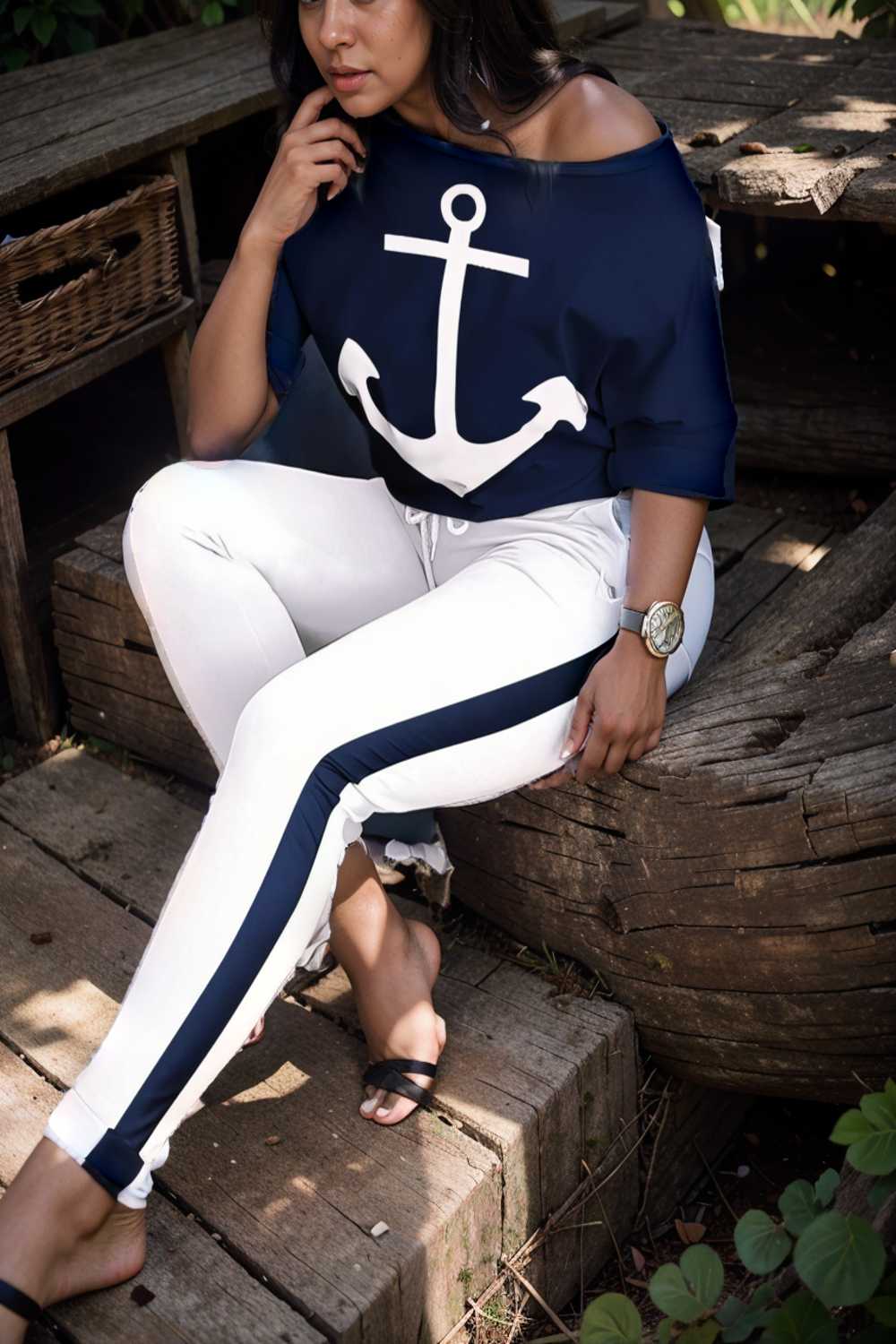 anchor print v neck long sleeve t shirt trousers two piece suit 128138