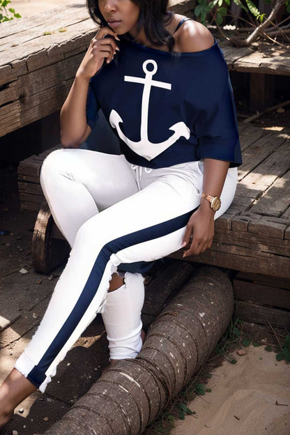 anchor print v neck long sleeve t shirt trousers two piece suit 106679