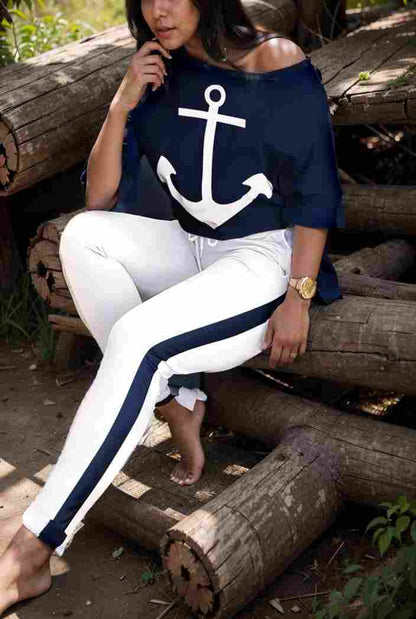 anchor print v neck long sleeve t shirt trousers two piece suit 103456