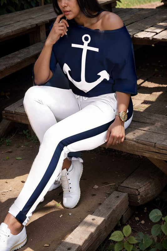 anchor print v neck long sleeve t shirt trousers two piece suit 132146