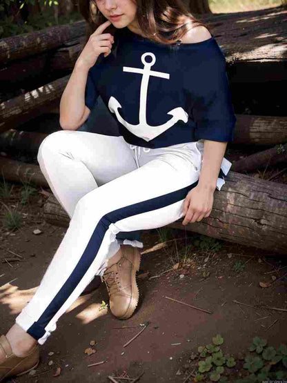 anchor print v neck long sleeve t shirt trousers two piece suit 130717