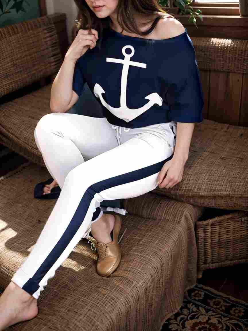 anchor print v neck long sleeve t shirt trousers two piece suit 119795