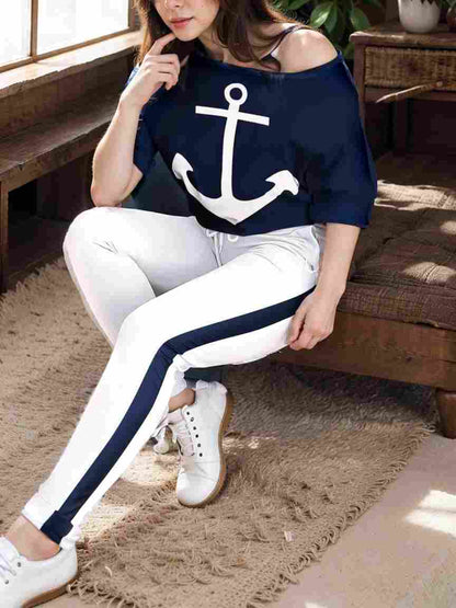 anchor print v neck long sleeve t shirt trousers two piece suit 143900