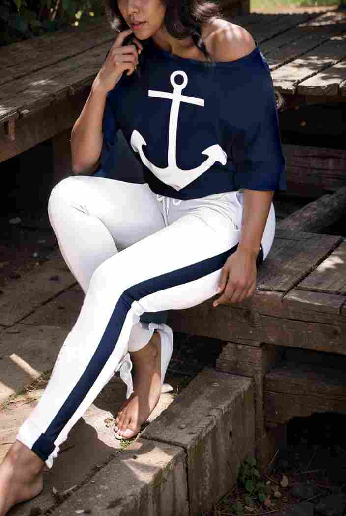 anchor print v neck long sleeve t shirt trousers two piece suit 115585