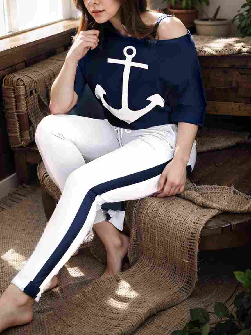 anchor print v neck long sleeve t shirt trousers two piece suit 140347