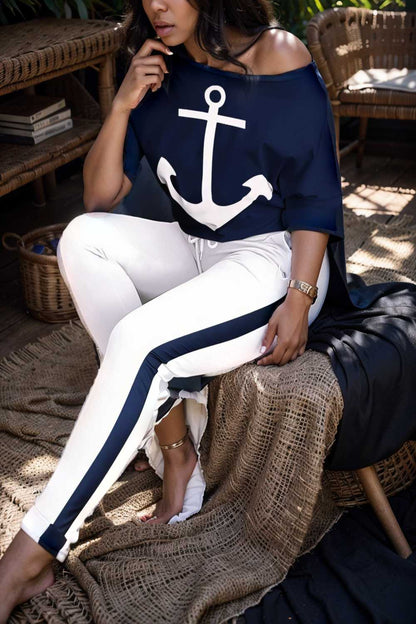 anchor print v neck long sleeve t shirt trousers two piece suit 108836