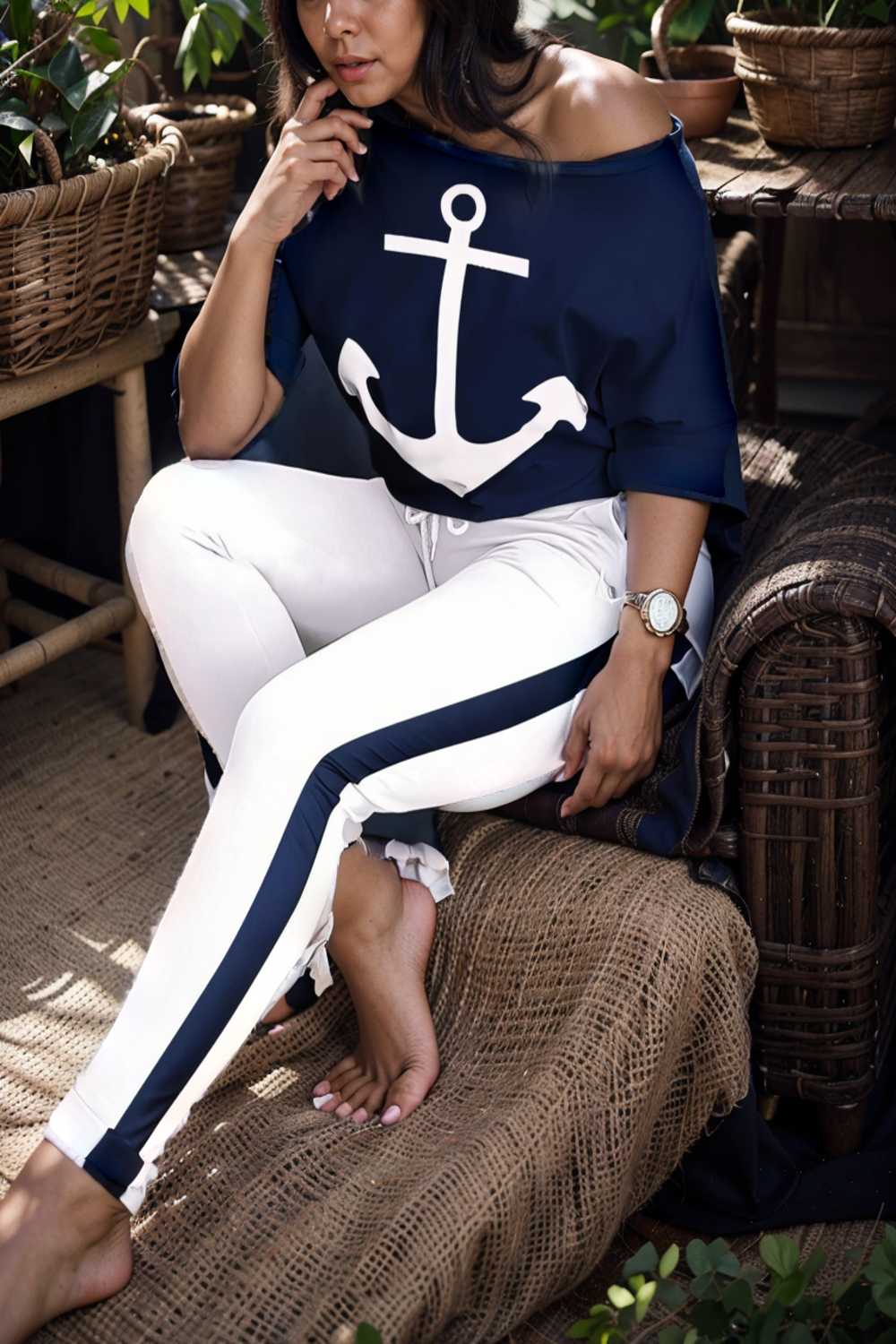 anchor print v neck long sleeve t shirt trousers two piece suit 148470