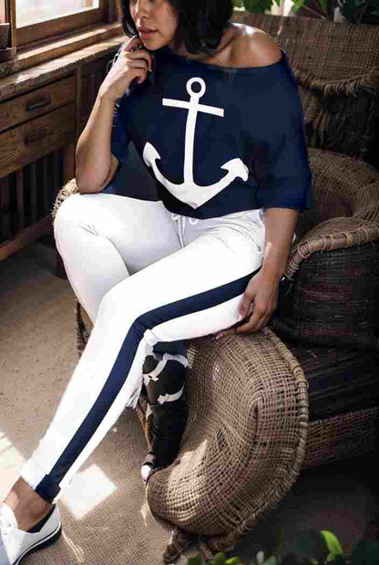 anchor print v neck long sleeve t shirt trousers two piece suit 135181