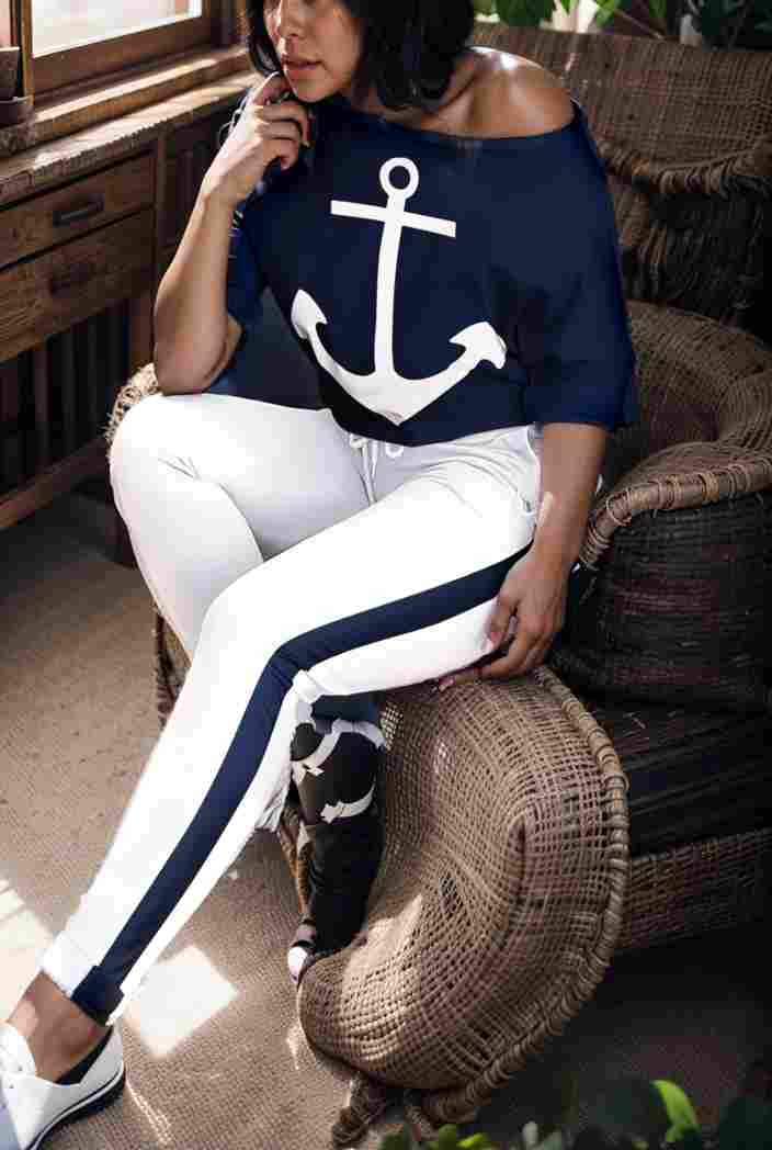 anchor print v neck long sleeve t shirt trousers two piece suit 132126