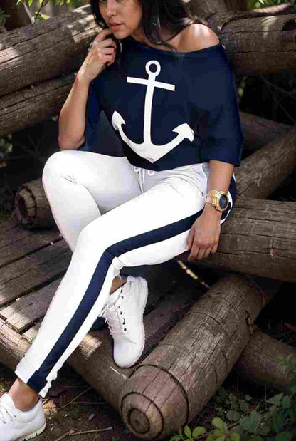 anchor print v neck long sleeve t shirt trousers two piece suit 107473