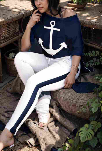 anchor print v neck long sleeve t shirt trousers two piece suit 103151