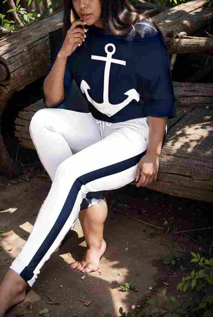 anchor print v neck long sleeve t shirt trousers two piece suit 133982