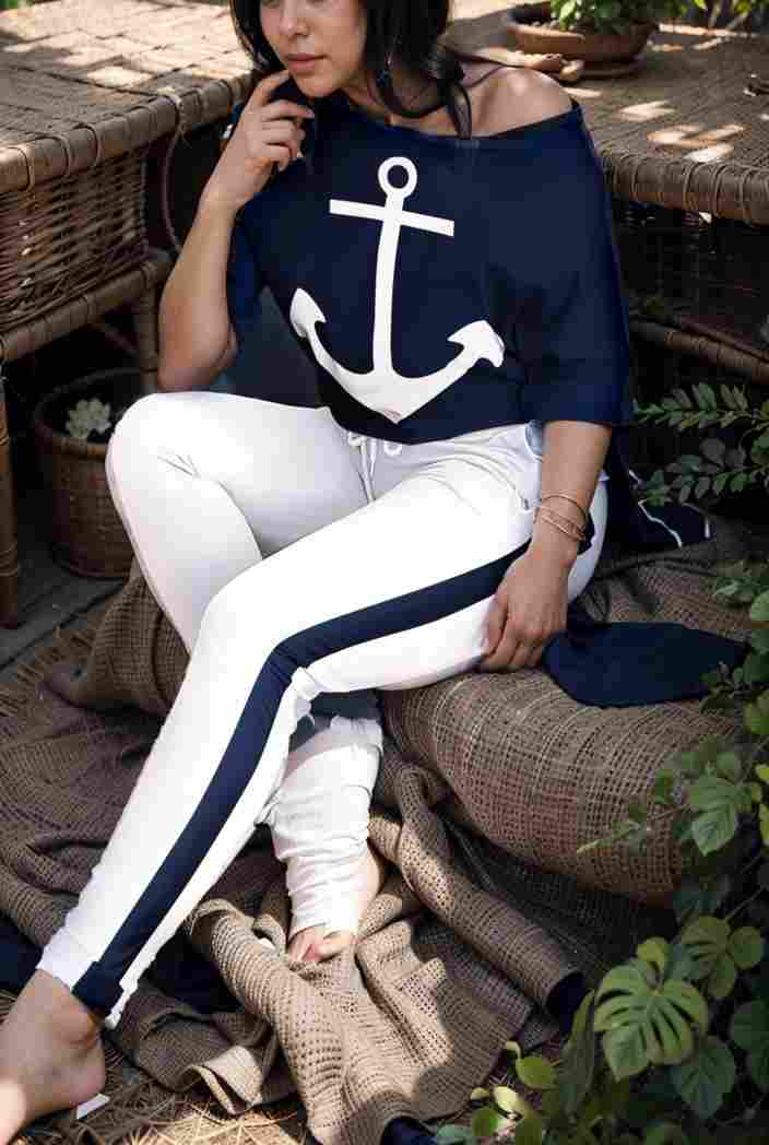 anchor print v neck long sleeve t shirt trousers two piece suit 105790