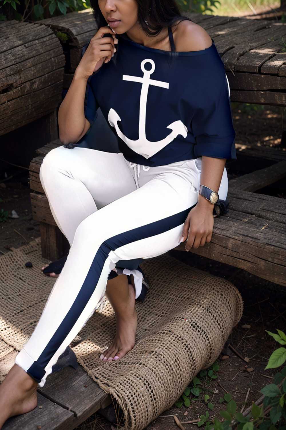 anchor print v neck long sleeve t shirt trousers two piece suit 107500