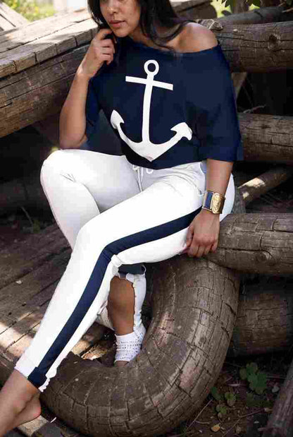 anchor print v neck long sleeve t shirt trousers two piece suit 148432