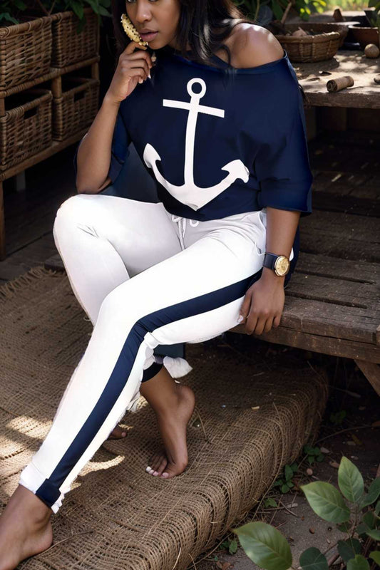 anchor print v neck long sleeve t shirt trousers two piece suit 108941