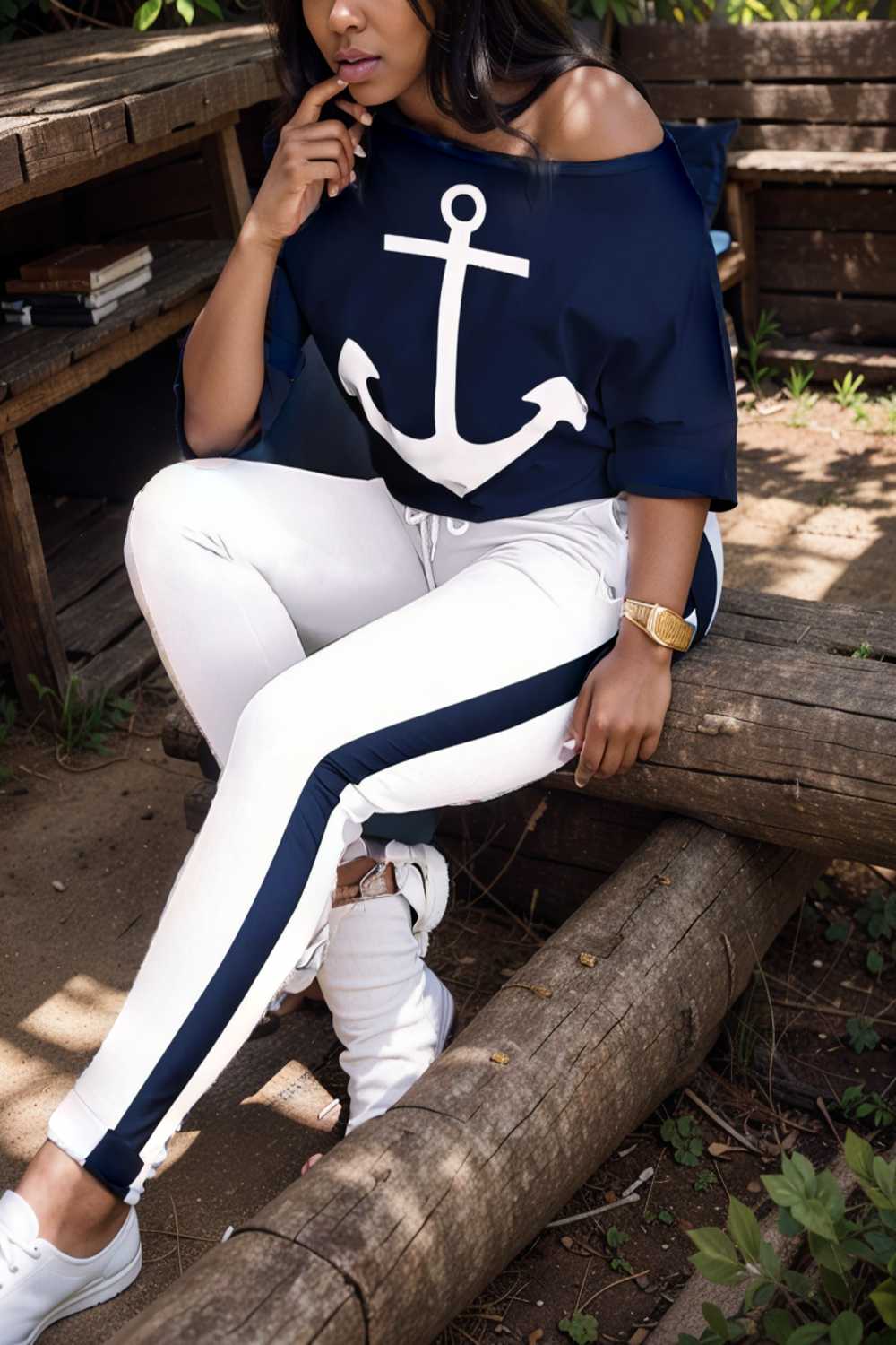 anchor print v neck long sleeve t shirt trousers two piece suit 118273